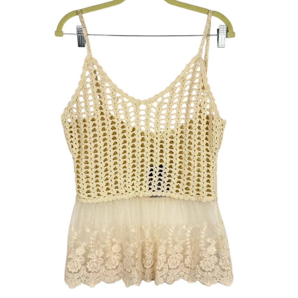 NWT Wishlist Tan Crochet Lace Cotton Strappy Stretch Tank Top Sz S/M Breathable